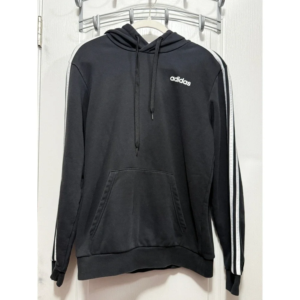 Adidas‎ Men's Black Hoodie Sweatshirt with White 3 Stripe Sleeves Size M